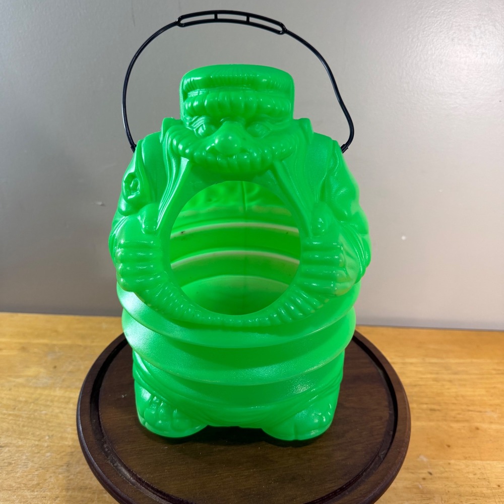 GPG Feed Me Frankie Halloween Candy Bucket Neon Green Vtg Blow Mold Pail